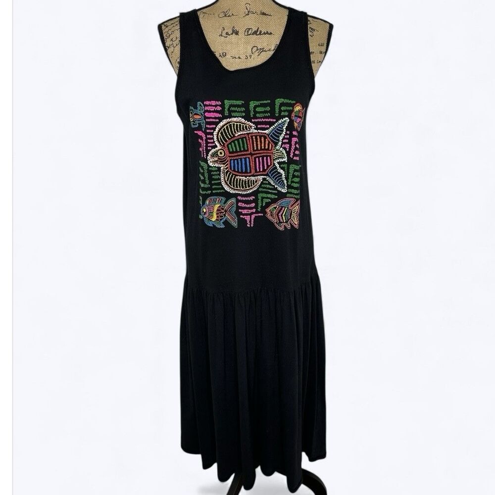 Turtle Fish Print‎ Black Maxi Drop Waist Dress Beach Vacation Artsy Resort M/L?
